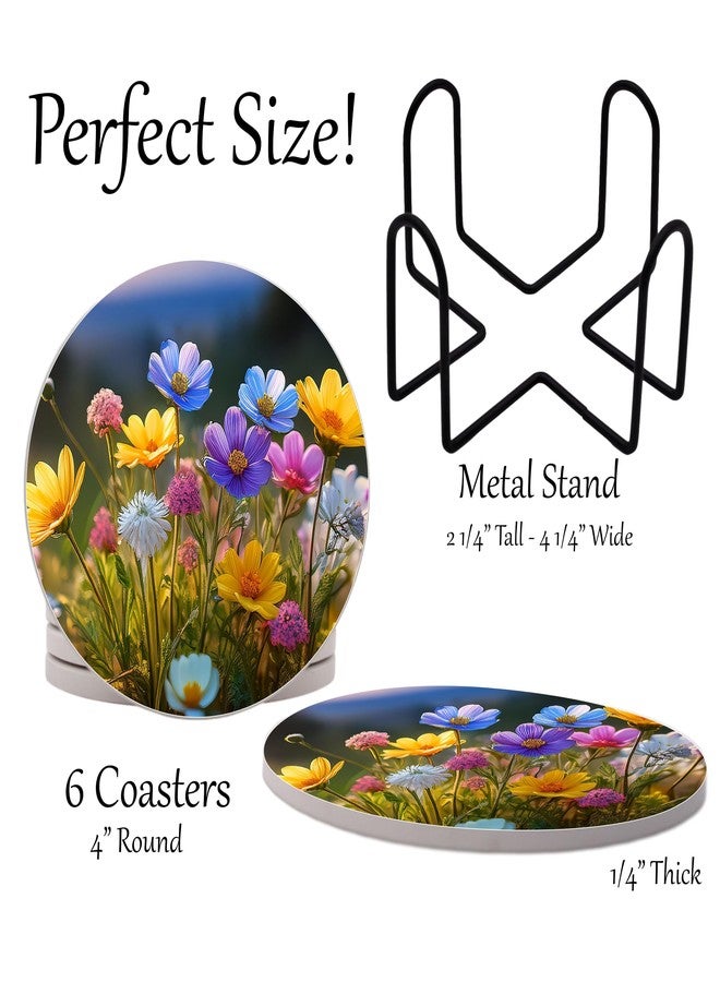DAJDC Flowers Wildflowers Floral Round Coasters Set of 6 - Abosrbent Ceramic Coasters with Metal Stand for Drinks, Coffee, Non-Slip Cork Back for Tabletop Protection, 4 Inches (Wildflowers) - Image 2
